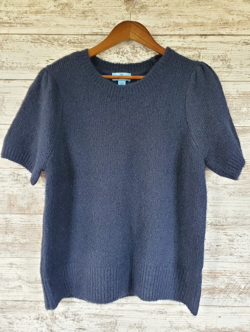 CeCe Wool-Blend Soft Fuzzy Knit Short Sleeve Sweater Puff Shoulder Navy Blue